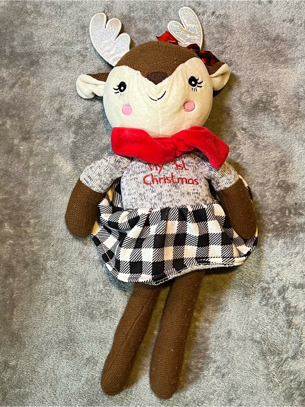 Cute Brown Reindeer Plush with Black Buffalo-Check Dress and Red Scarf